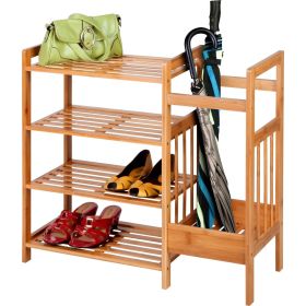 2-in-1 Entryway 4-Shelf Bamboo Shoe Rack and Umbrella Holder Black Metal Frame and Brown Wood Top
