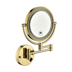 8 Inch LED Wall Mount Two-Sided Magnifying Makeup Vanity Mirror 12 Inch Extension Gold Finish 1X/3X Magnification Plug 360 Degree Rotation Waterp