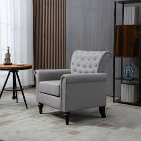 Mid-Century Modern Accent Chair, Linen Armchair w/Tufted Back/Wood Legs, Upholstered Lounge Arm Chair Single Sofa for Living Room Bedroom, Light