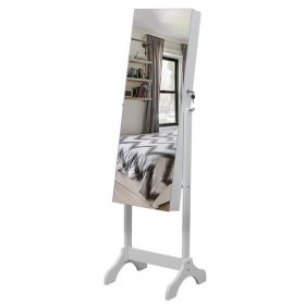 Full Mirror Wooden Foor Standing 4-layer Shelf with Inner Mirror 2 Drawer Jewelry Storage Adjustable Mirror Cabinet -Dark (Color: White)