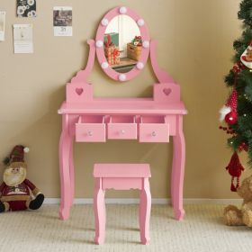 FCH Kids Vanity Set with Mirror and Lights and Stool, 5 Storage Drawers (Color: as picture)